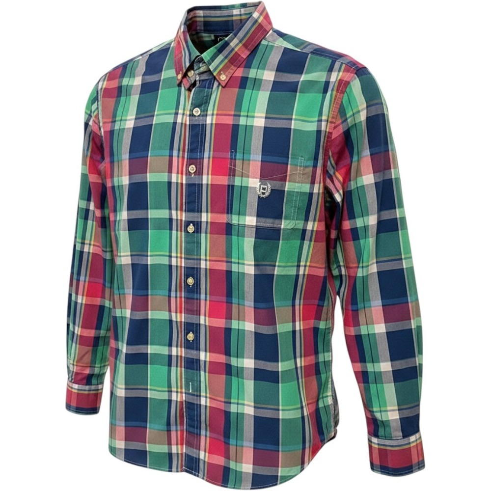 Chaps Mens Easy Care Plaid Button Down Shirt Multicolor Green Pink L 200014482